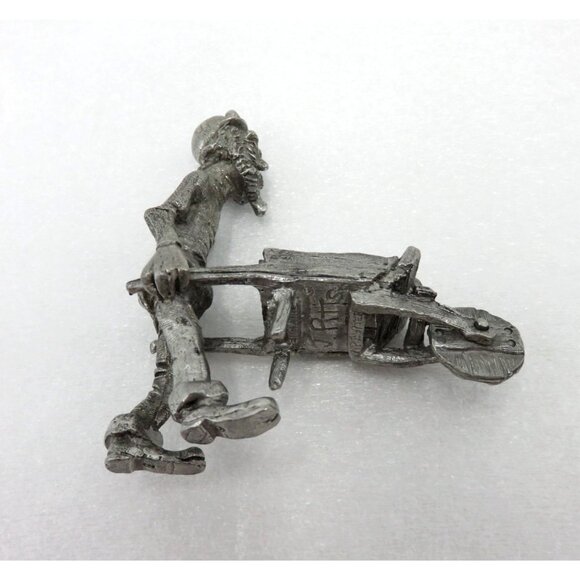 Pewter Coal Miner Miniature Figurine With Wheelbarrow England Signed Vintage - Picture 2 of 10